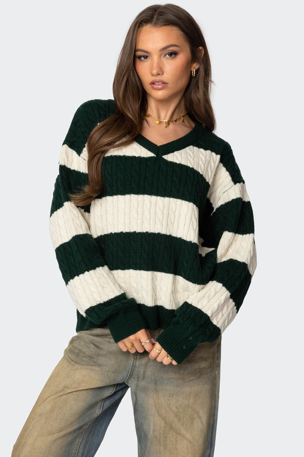 Oversized Striped Cable Knit Sweater view 1