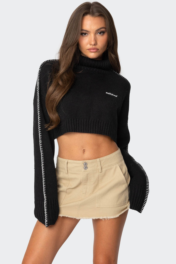 Embroidered Edge Cropped Turtle Neck Sweater view 1