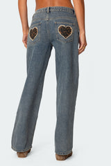 Leopard Heart Low Rise Baggy Jeans