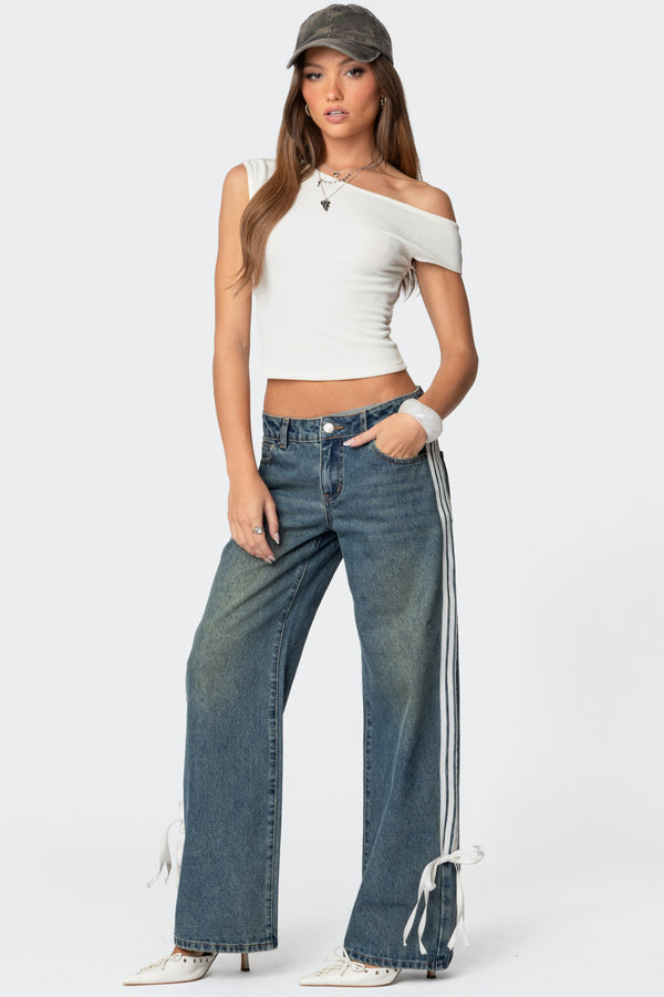 Ribbon Washed Low Rise Baggy Jeans view 1