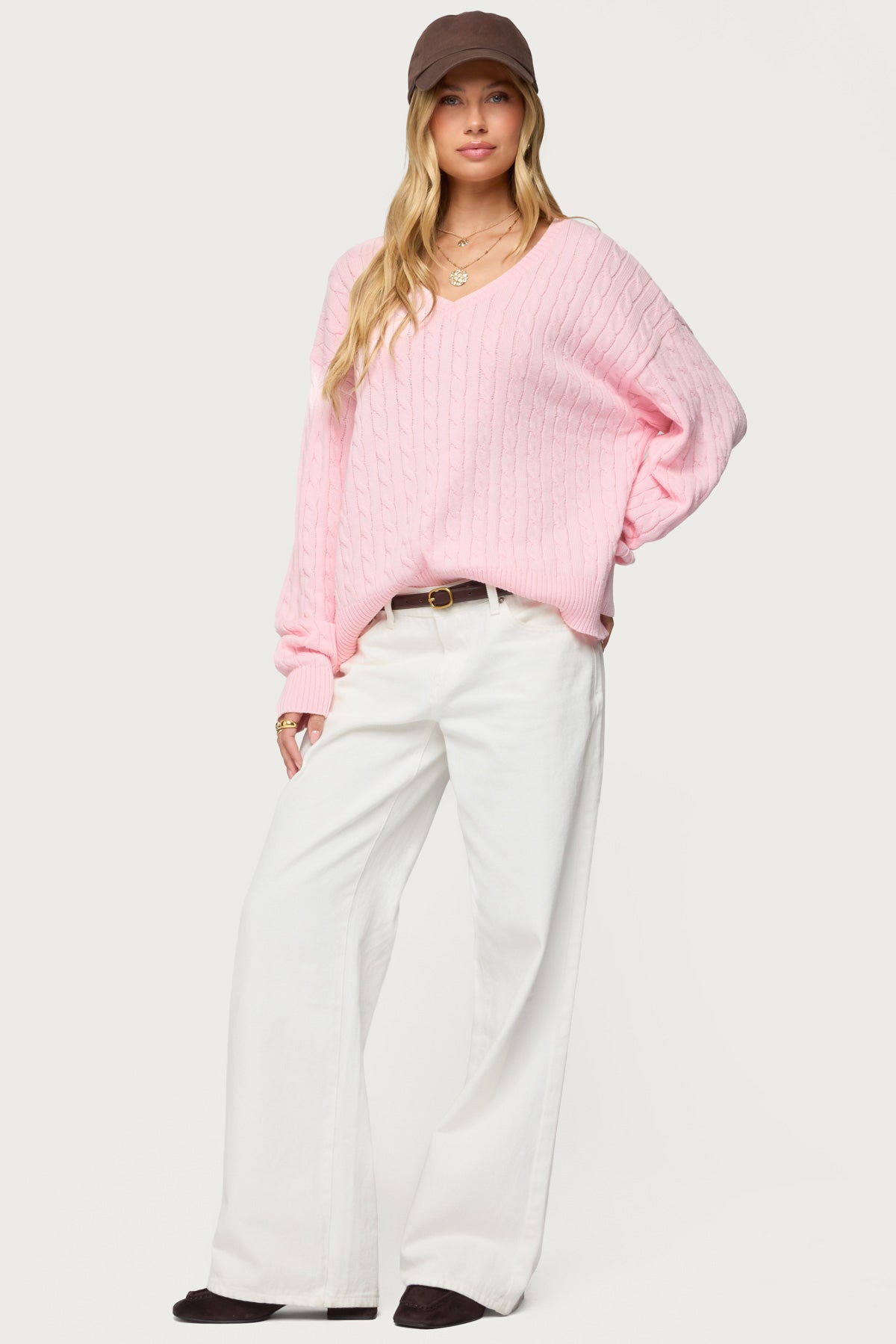 Polly V Neck Cable Knit Sweater
