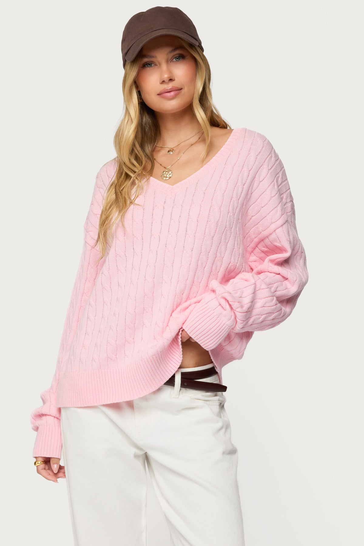 Polly V Neck Cable Knit Sweater