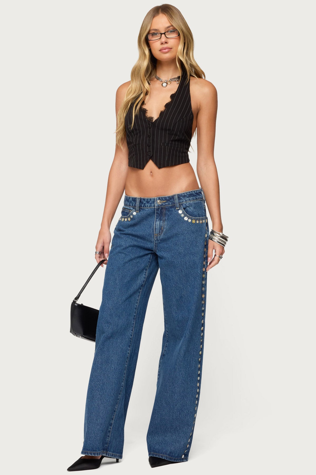 Iridescent Button Low Rise Baggy Jeans