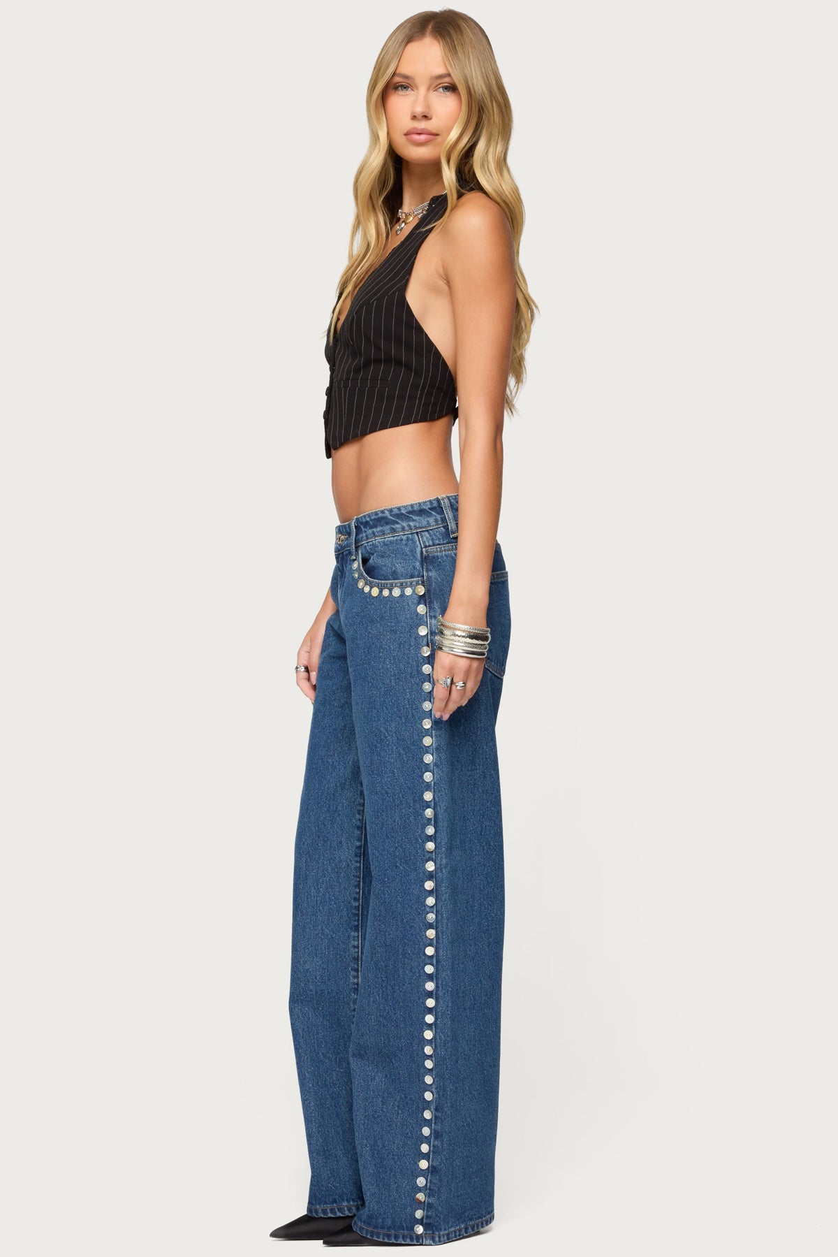 Iridescent Button Low Rise Baggy Jeans