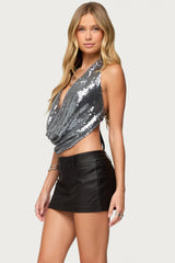 Sequin Backless Halter Neck Top