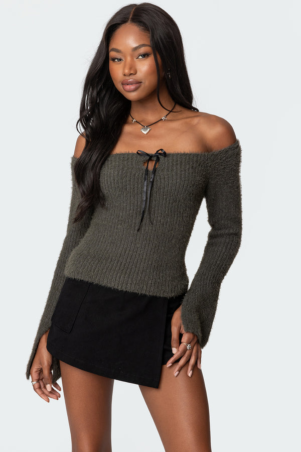 Keyhole Off Shoulder Ribbed Knit Top view 1