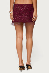 Chiffon Sequin Bead Fringed Mini Skirt