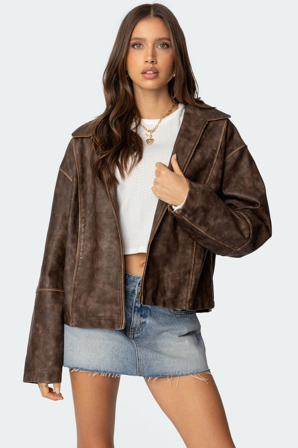 Oversized Washed Faux Leather Jacket view 1