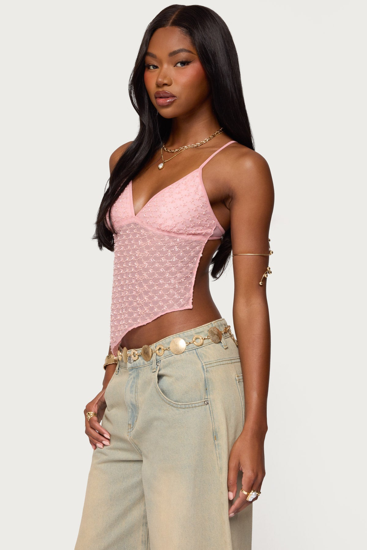 Beaded Mesh Asymmetric Backless Top