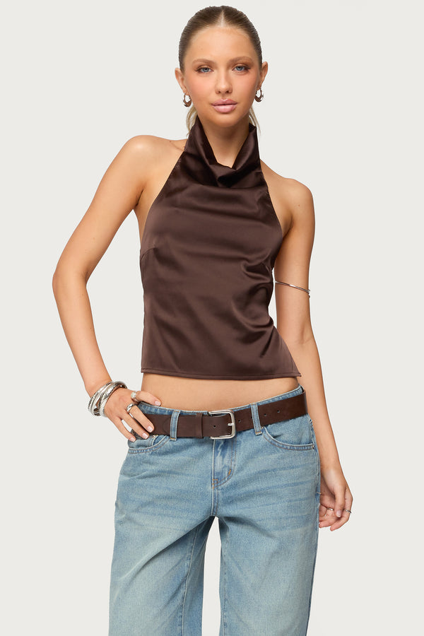 Satin Effect Backless Cowl Neck Top view 2