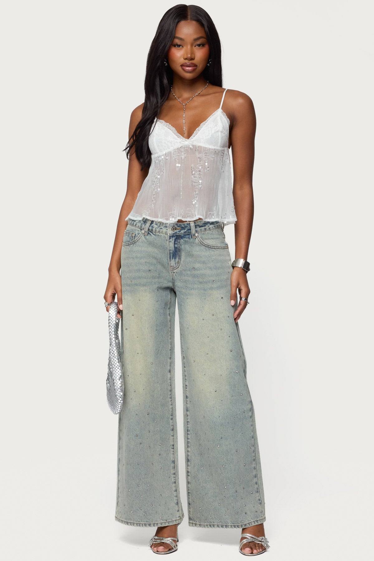 Sequin Sheer Mesh Babydoll Top