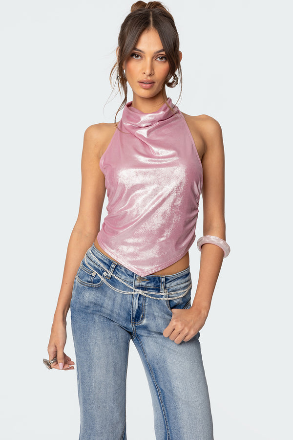 Shiny Backless Cowl Neck Top view 1