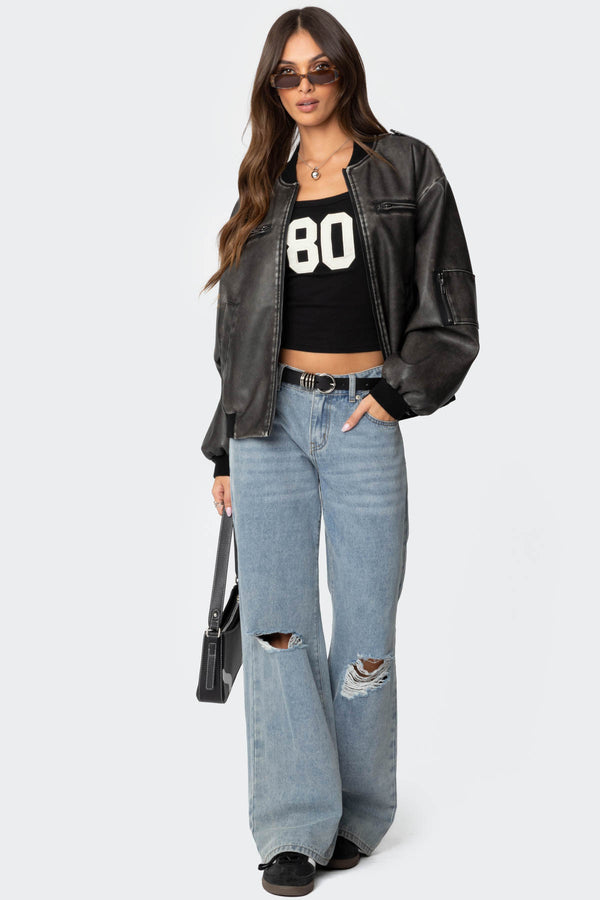 Vava Washed Faux Leather Bomber Jacket view 1
