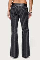 Pinstripe & Faux Leather Low Rise Flared Jeans