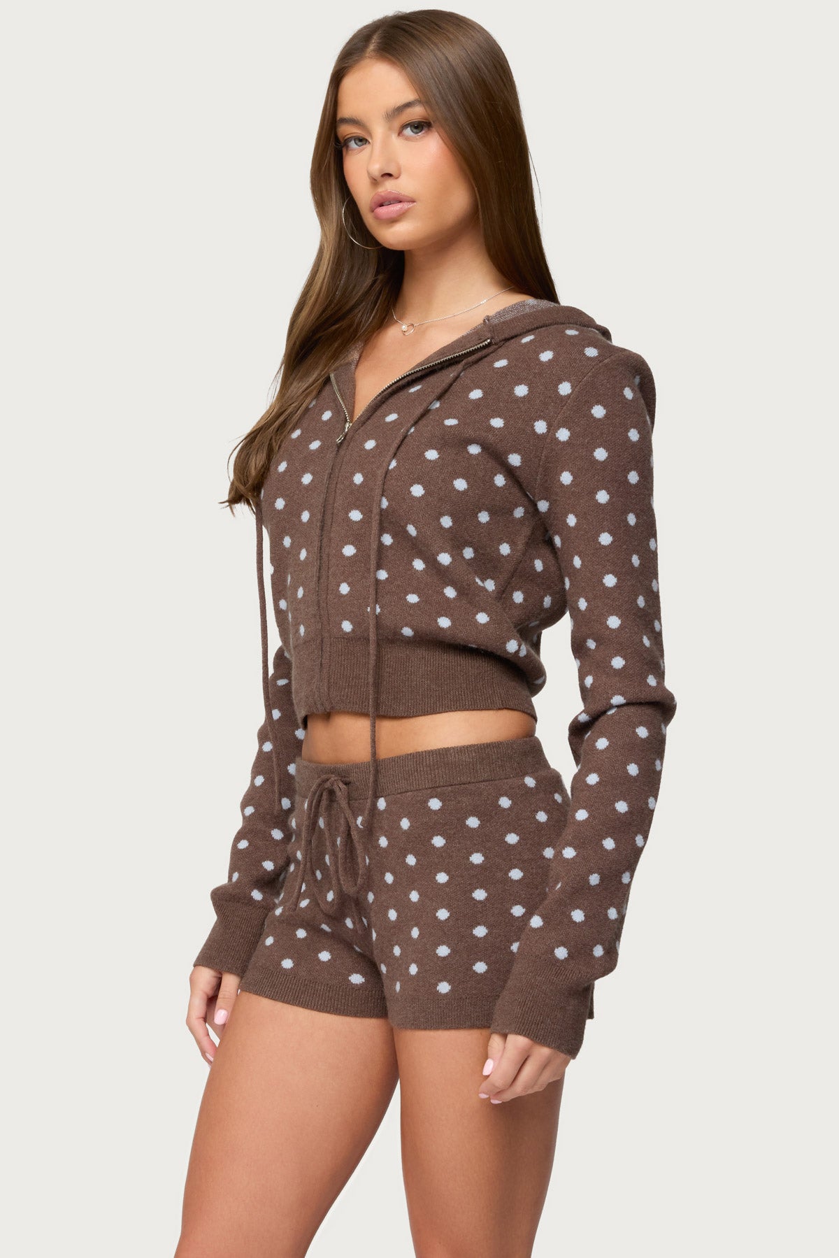 Kenny Polka Dot Knit Zip Up Hooded Cardigan