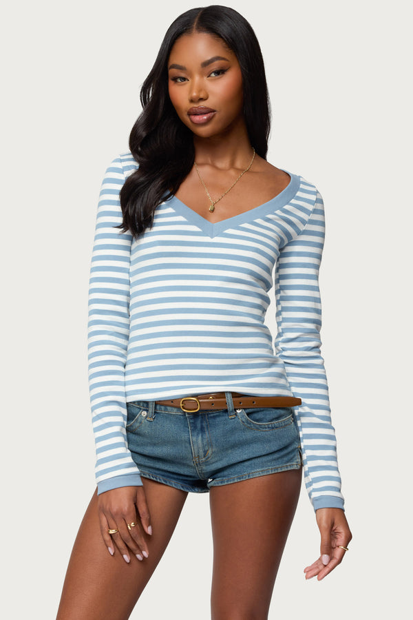 Kimi Striped Long Sleeve V Neck Top view 1