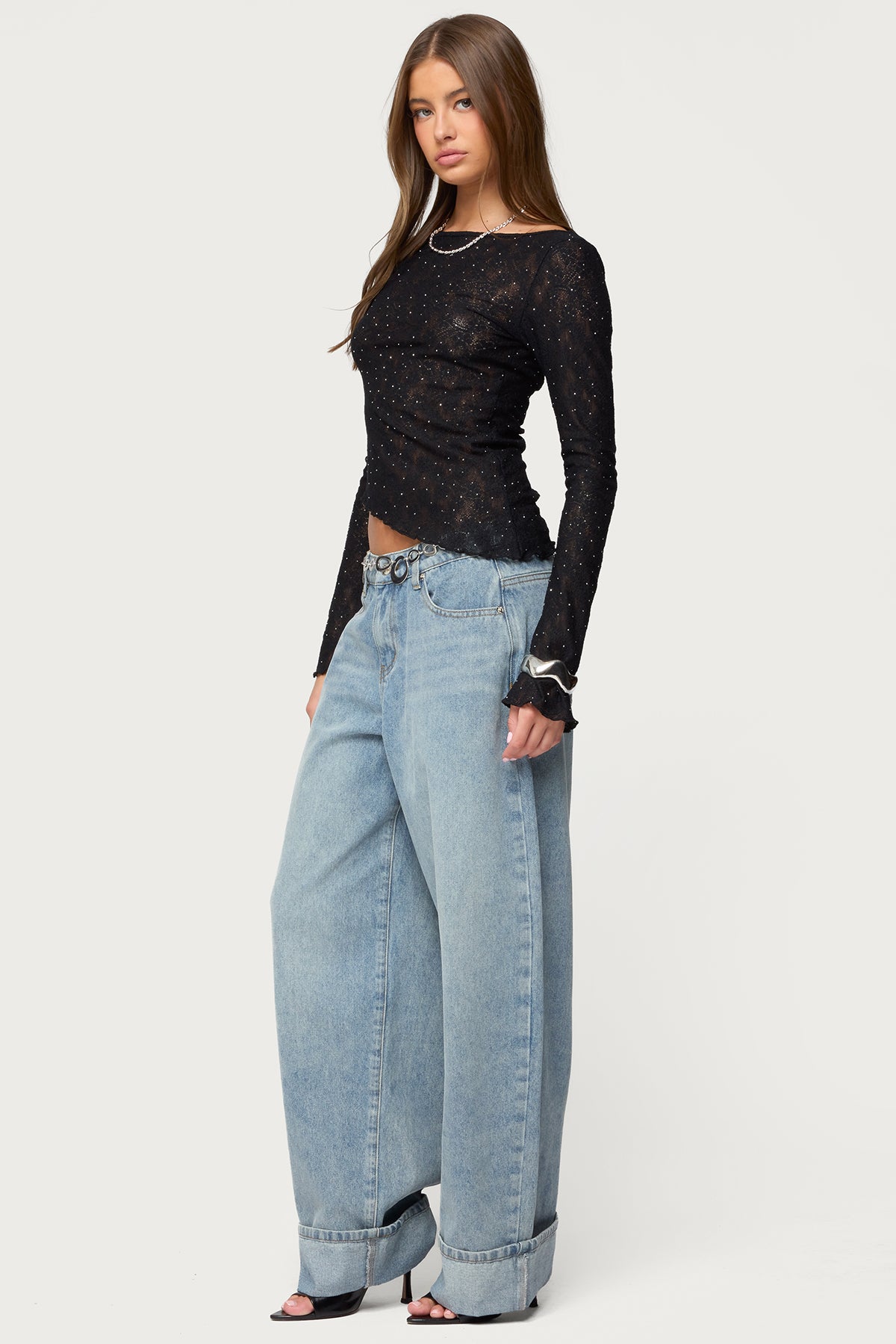 Mare Asymmetric Gem Sheer Lace Top