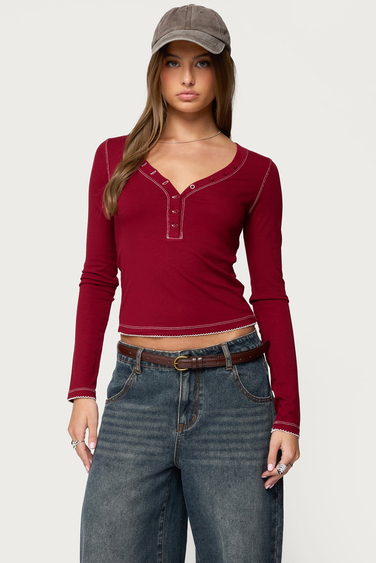 Yael Contrast Stitch Henley Top
