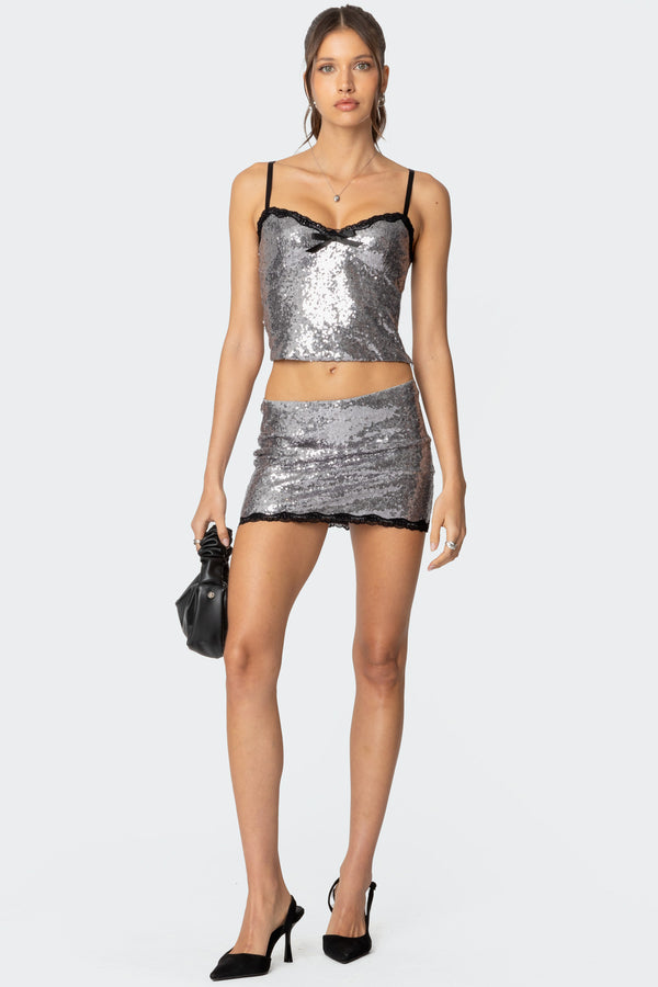 Revel Lace Trim Sequin Mini Skirt view 1