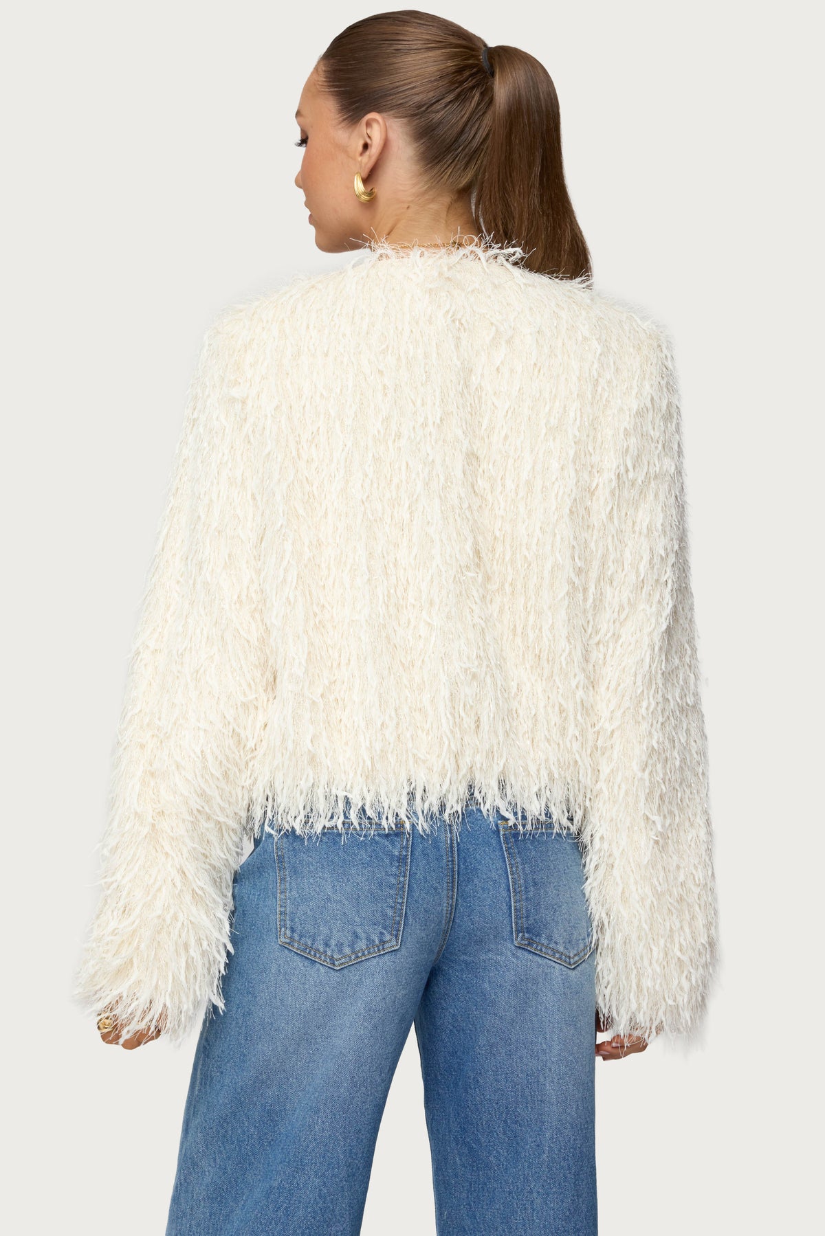 Aleandra Fringed Faux Feather Jacket