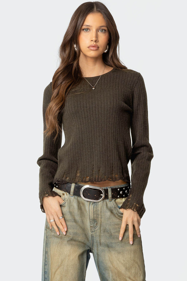 Distressed Ribbed Knit Sweater view 1