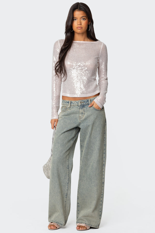 Sheer Sequin Boat Neck Top view 2