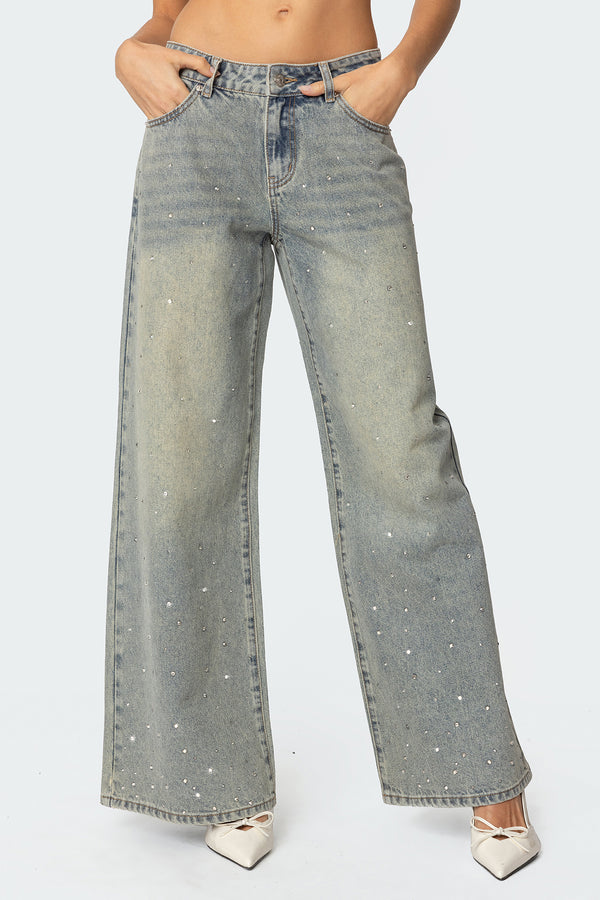 Rhinestone Washed Low Rise Baggy Jeans view 2