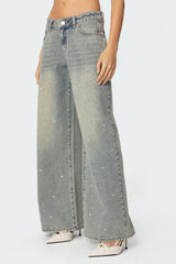Rhinestone Washed Low Rise Baggy Jeans
