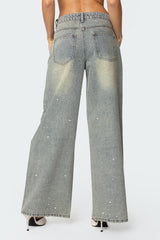 Rhinestone Washed Low Rise Baggy Jeans