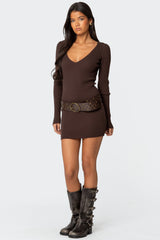 Ribbed Knit V Neck Mini Dress