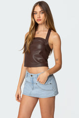 Draped Faux Leather Halter Top