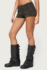 Taia Distressed Faux Leather Micro Shorts