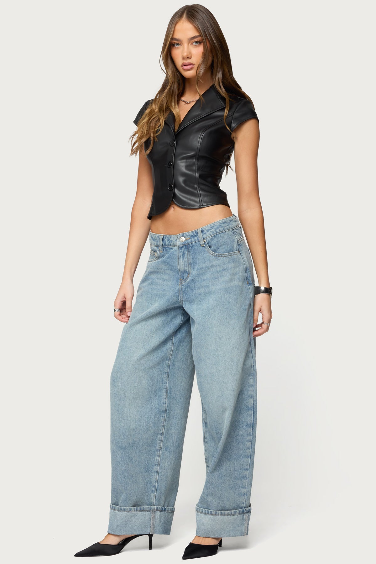 Faux Leather Tailored Button Up Top