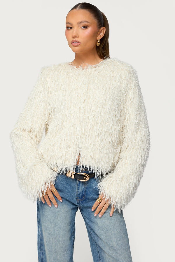 Aleandra Fringed Faux Feather Jacket view 1