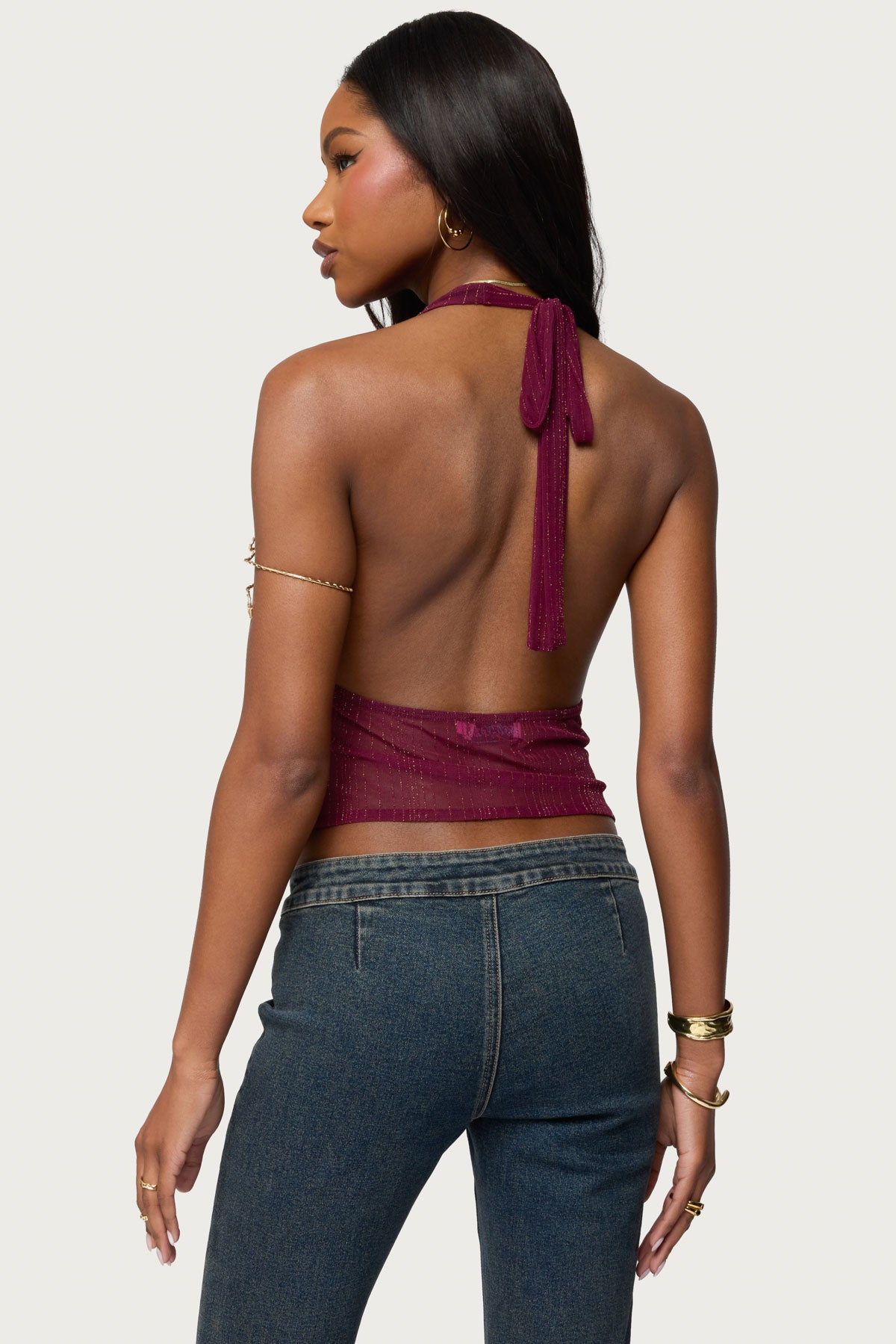 Mimi Asymmetric Textured Mesh Halter Top
