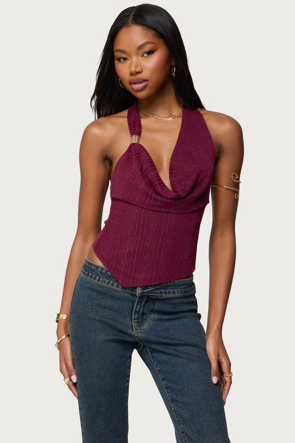 Mimi Asymmetric Textured Mesh Halter Top view 1