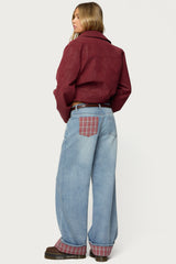 Plaid Cuffed Low Rise Baggy Jeans