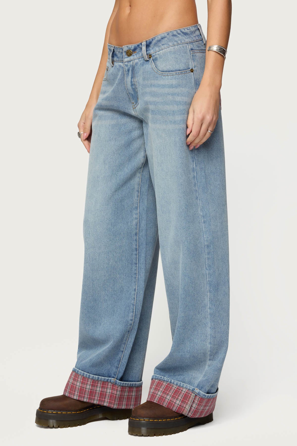 Plaid Cuffed Low Rise Baggy Jeans