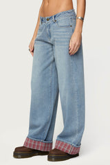 Plaid Cuffed Low Rise Baggy Jeans