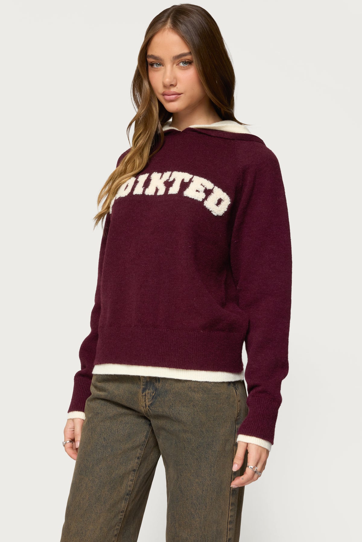 Edikted Varsity Contrast Layered Knit Hoodie