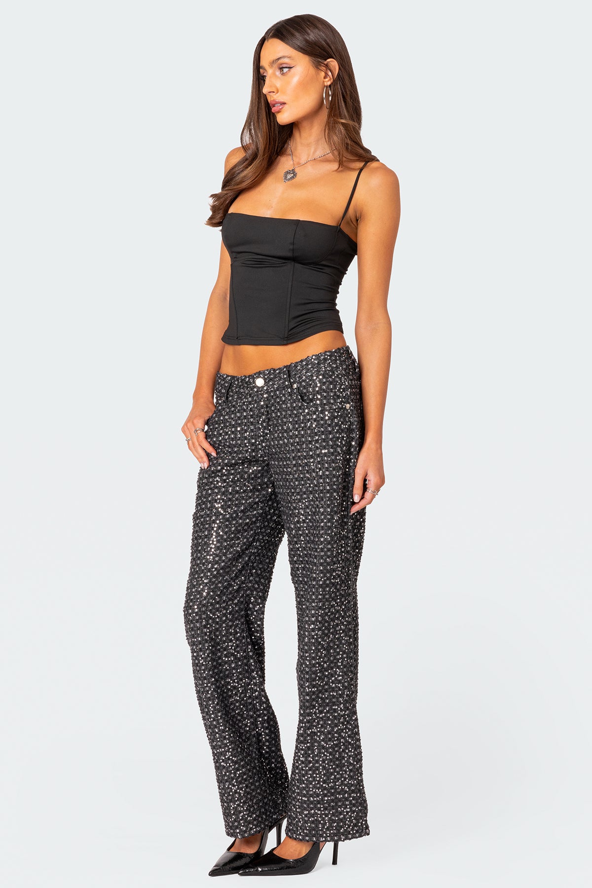 Nyah Sequin Low Rise Wide Leg Jeans