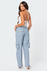Icing Sequin Low Rise Baggy Cargo Jeans