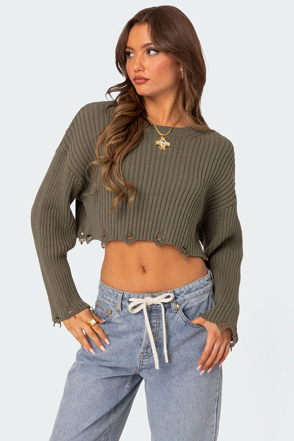 Distressed Hem Oversized Cropped Sweater view 1