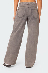 Tie Waist Washed Low Rise Baggy Jeans
