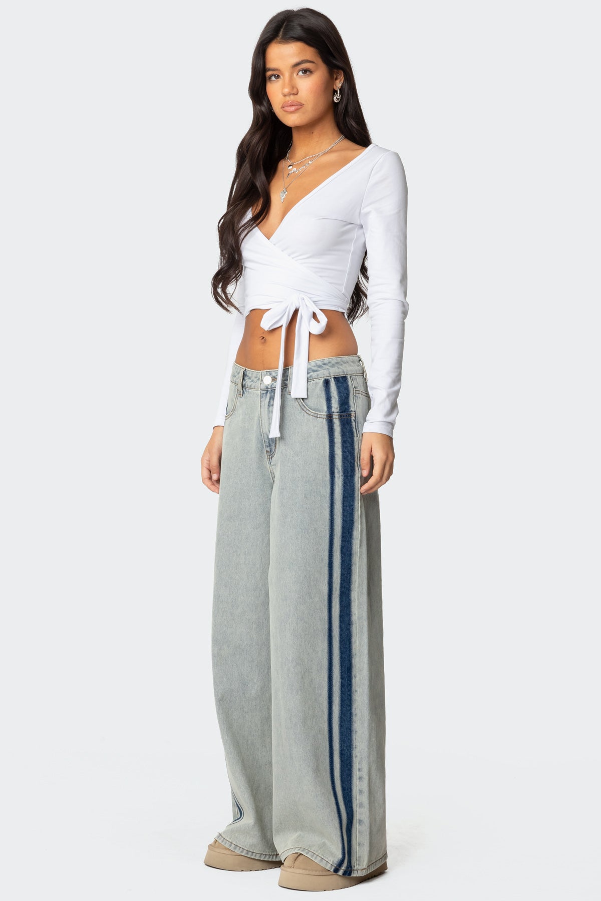 Side Stripe Washed Low Rise Baggy Jeans