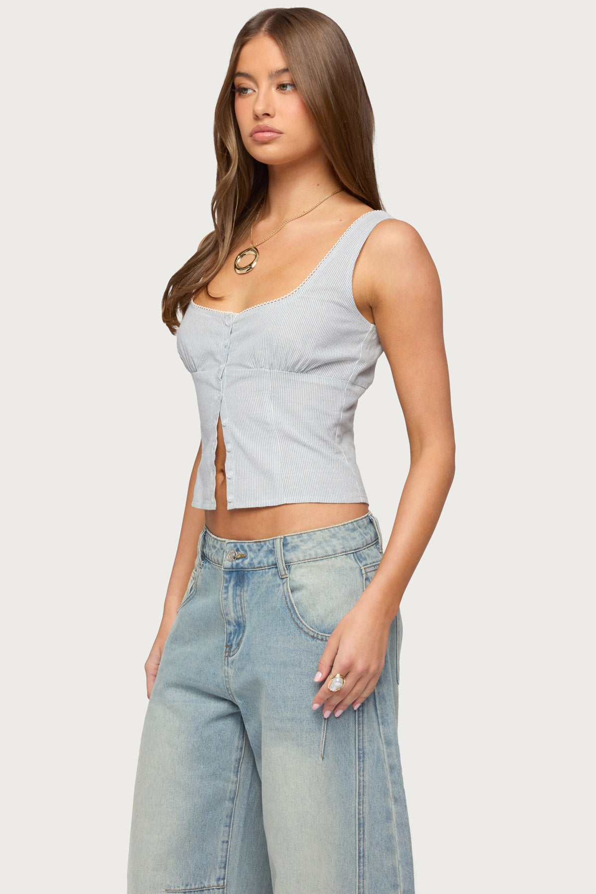 Katiya Pinstripe Button Up Top