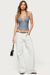 Lacey Polka Dot Lace Up Halter Top