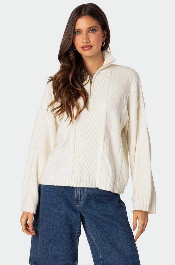 Oversized Quarter Zip Cable Knit Sweater view 2