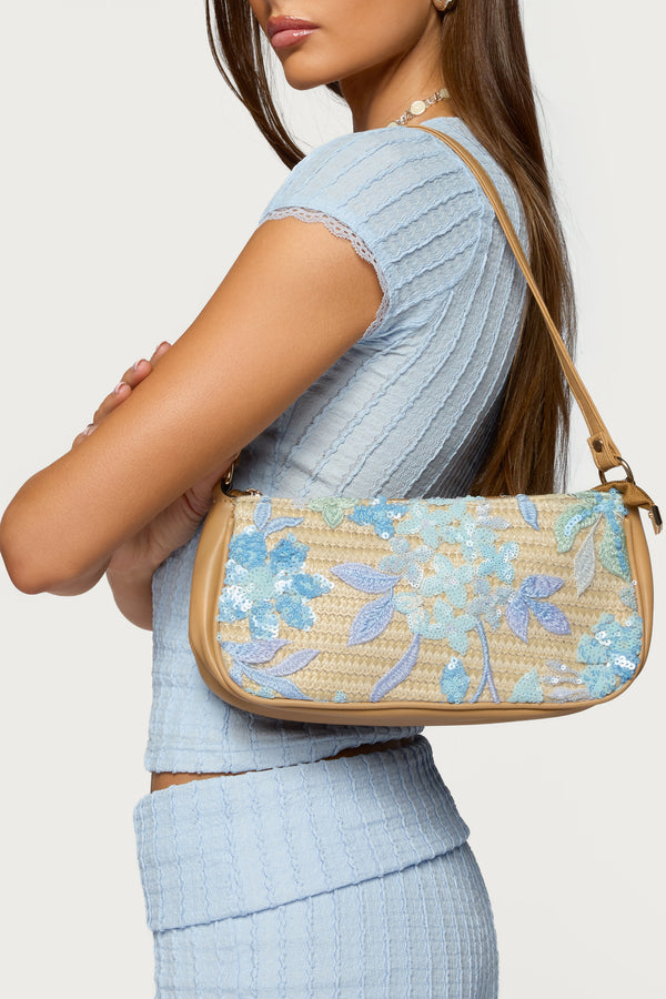 Sequin & Embroidered Straw Bag view 1