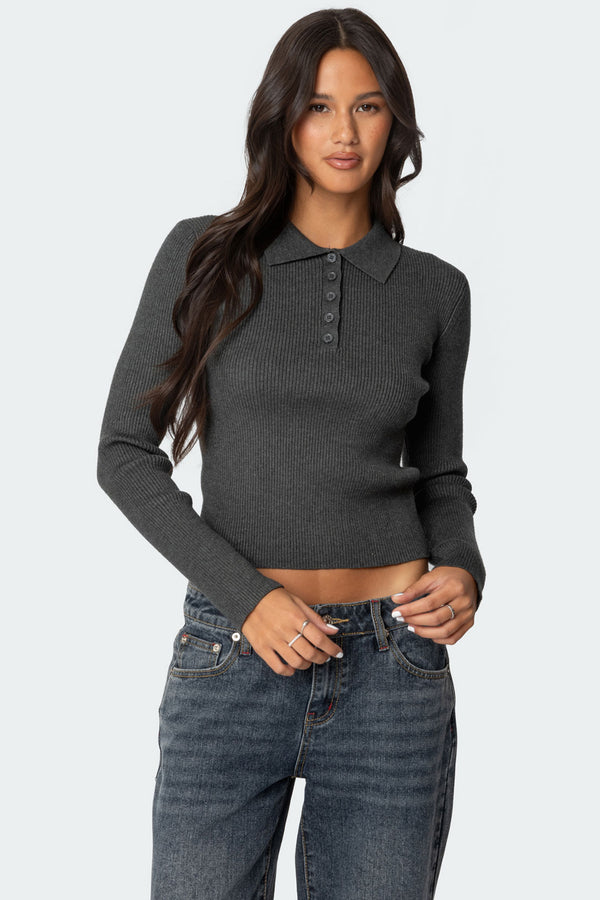 Mollie Collared Ribbed Knit Top view 1